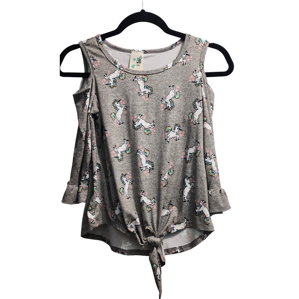 Lily Bleu Girls Cold‎ Shoulder Unicorn Print Tie Front Top Size 12